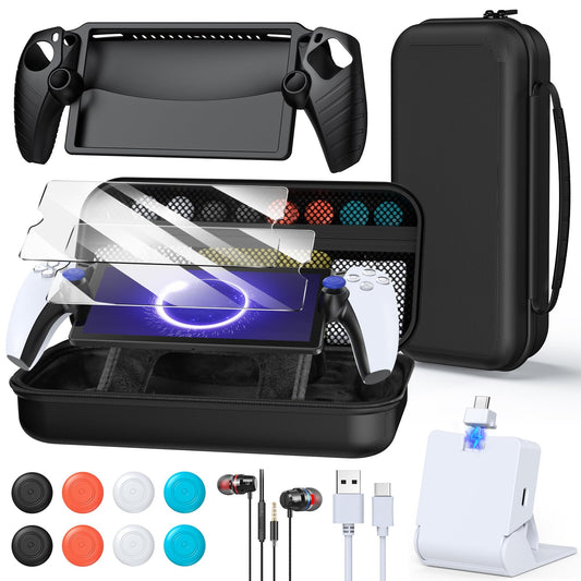 FYOUNG Accessories Kit for PlayStation Portal  Carrying Case Bundle and Magnetic Portable Charger for PS5 Portal with Protective Case  2 Screen Protectors  Wired Headphone  8 Thumb Grips (Black)