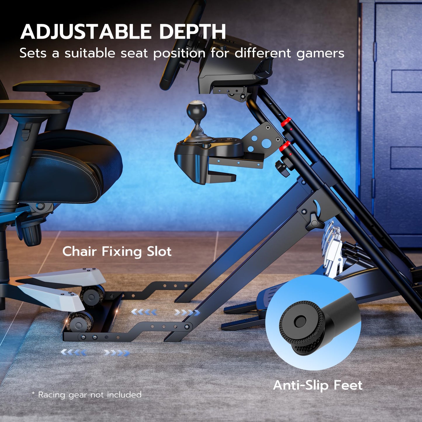 ARES WING Foldable Sim Racing Wheel Stand – Compatible with Fanatec, Thrustmaster, Logitech – Black, GRS1005BK-V2, Chair Fixing Slot