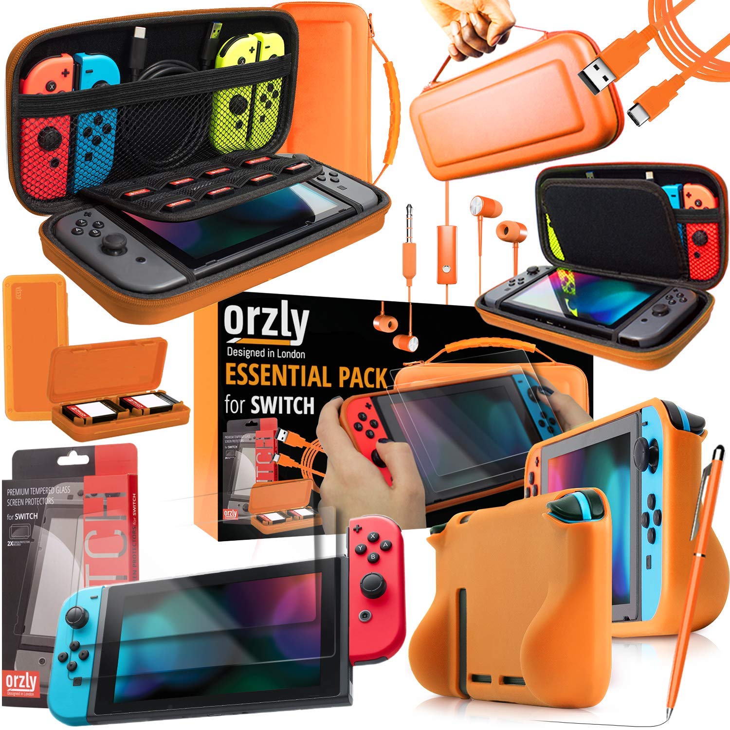 Orzly Switch Accessories Bundle - Carry Case for Nintendo Switch Console  Tempered Glass Screen Protectors  USB Charging Cable  Switch Games Case  Comfort Grip Case & Headphones ORANGE