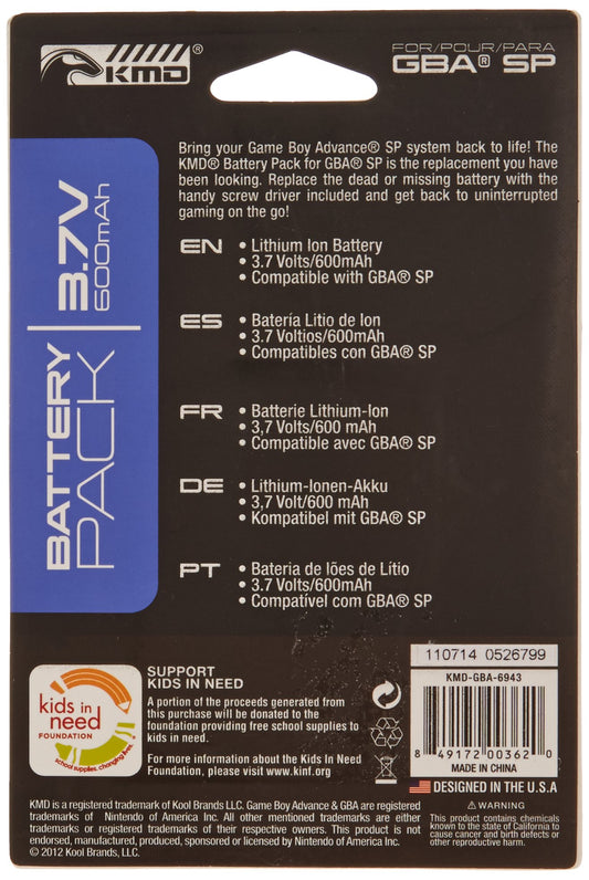 KMD GBA SP Replacement Lithium Ion Battery with Screwdriver - Model 812820036943 for Game Boy Advance