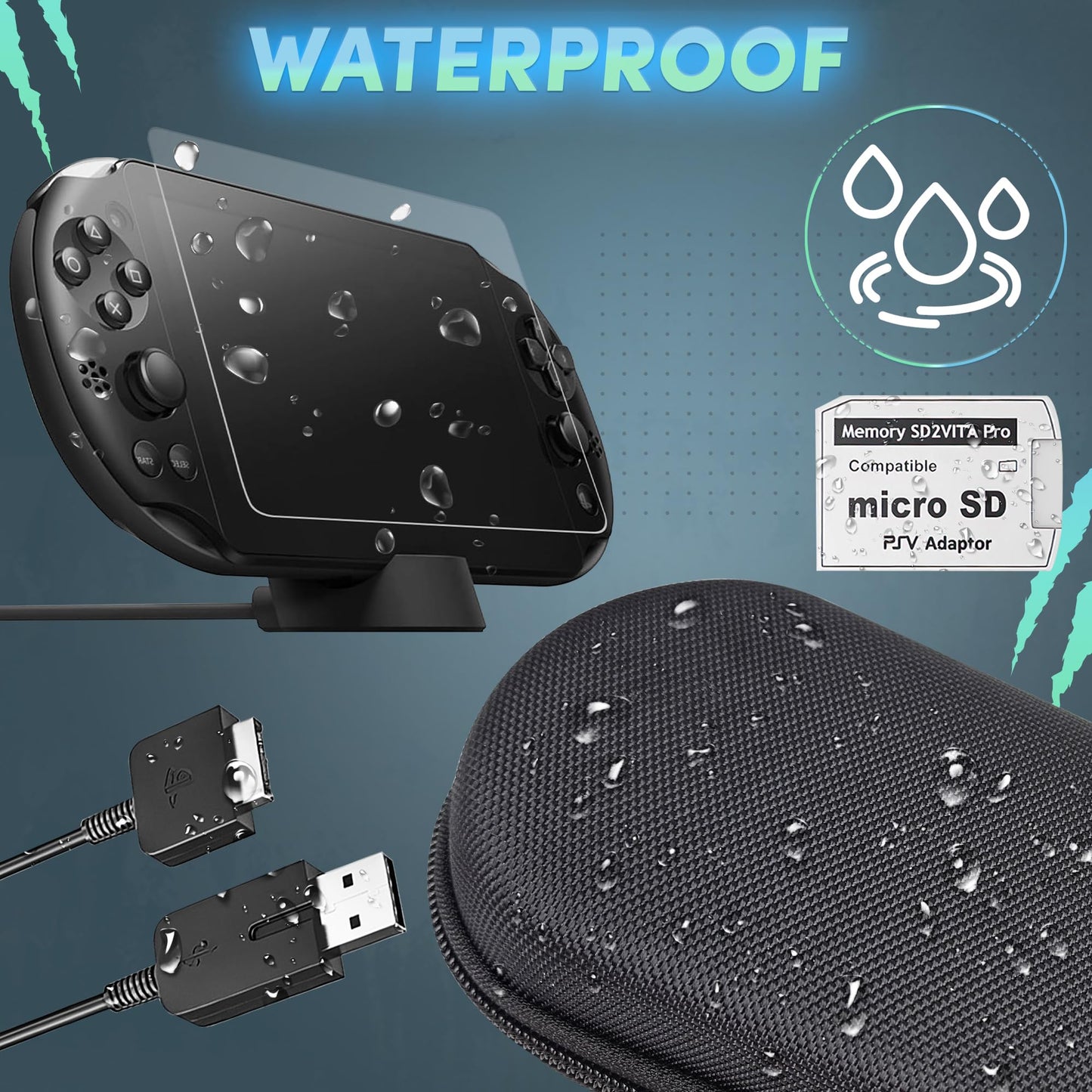 Skywin PS Vita 2000 Slim 4-in-1 Kit - Black Case, Front & Back Protector, Charger Adapter, Micro SD Card