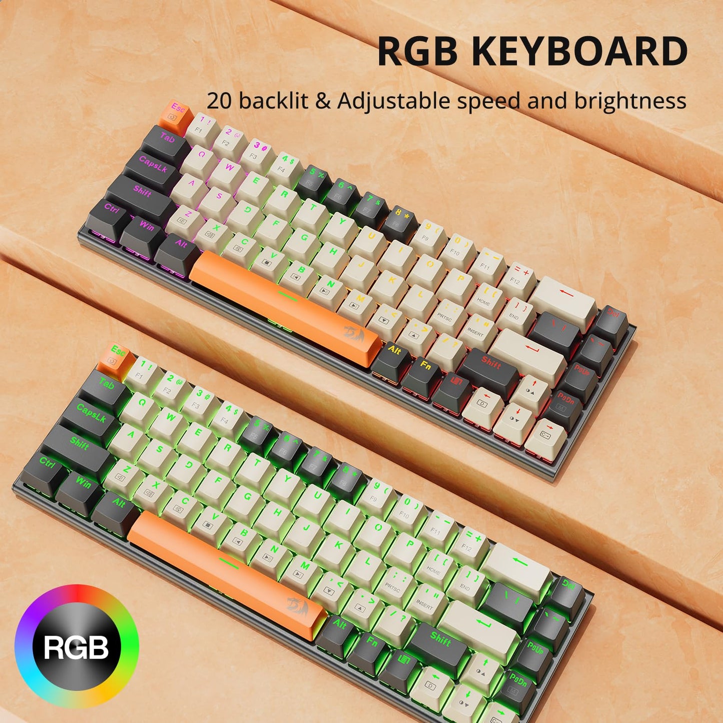 Redragon K633CGO-RGB 60% Mechanical Gaming Keyboard, 68 Keys, RGB, Red Switches, Wired for Windows/Mac, Black/Beige/Orange