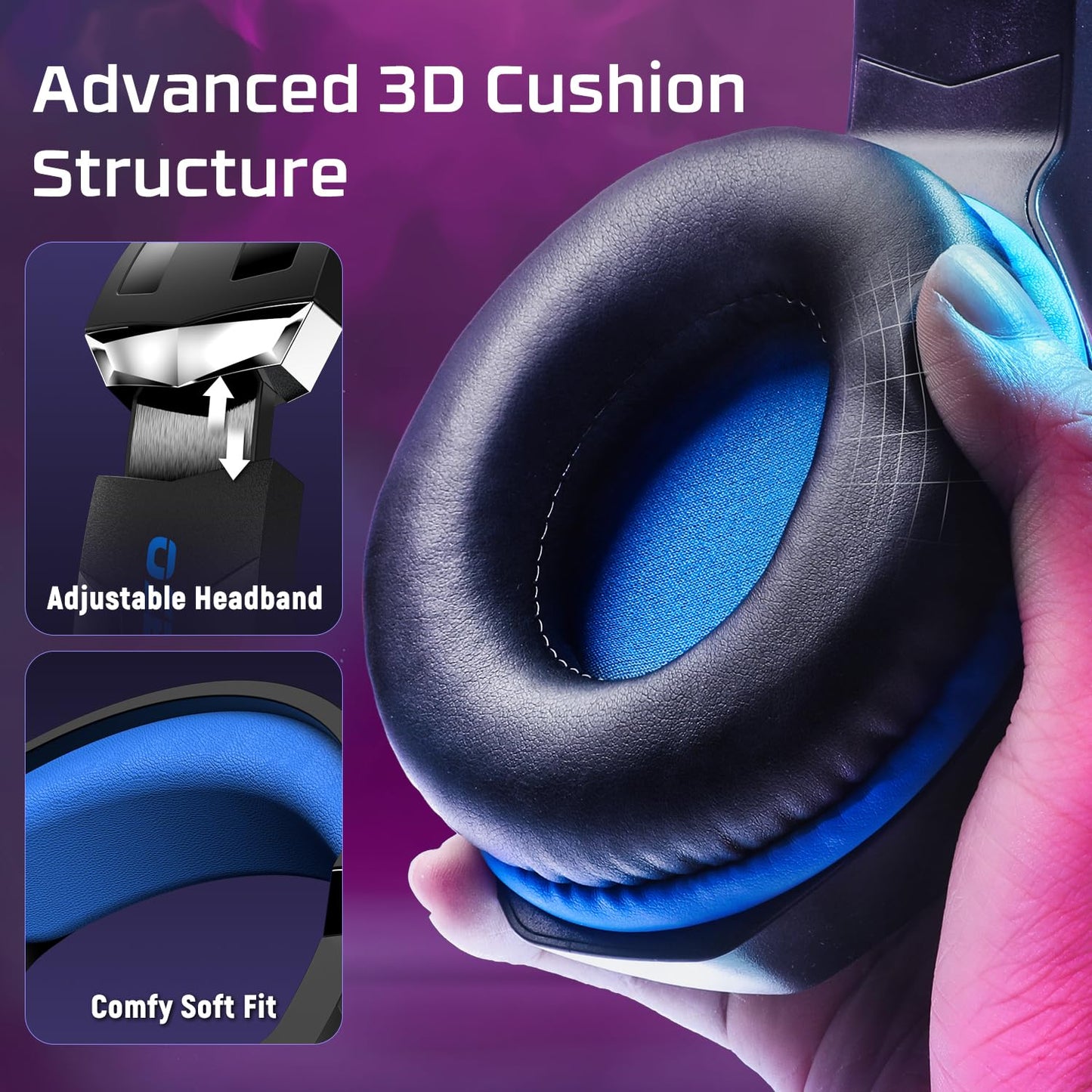 Ozeino Gaming Headset - 7.1 Surround Sound, Noise Cancelling Mic, RGB Light, Over Ear - Black Blue - Compatible with PC, PS4, PS5, Xbox Series X