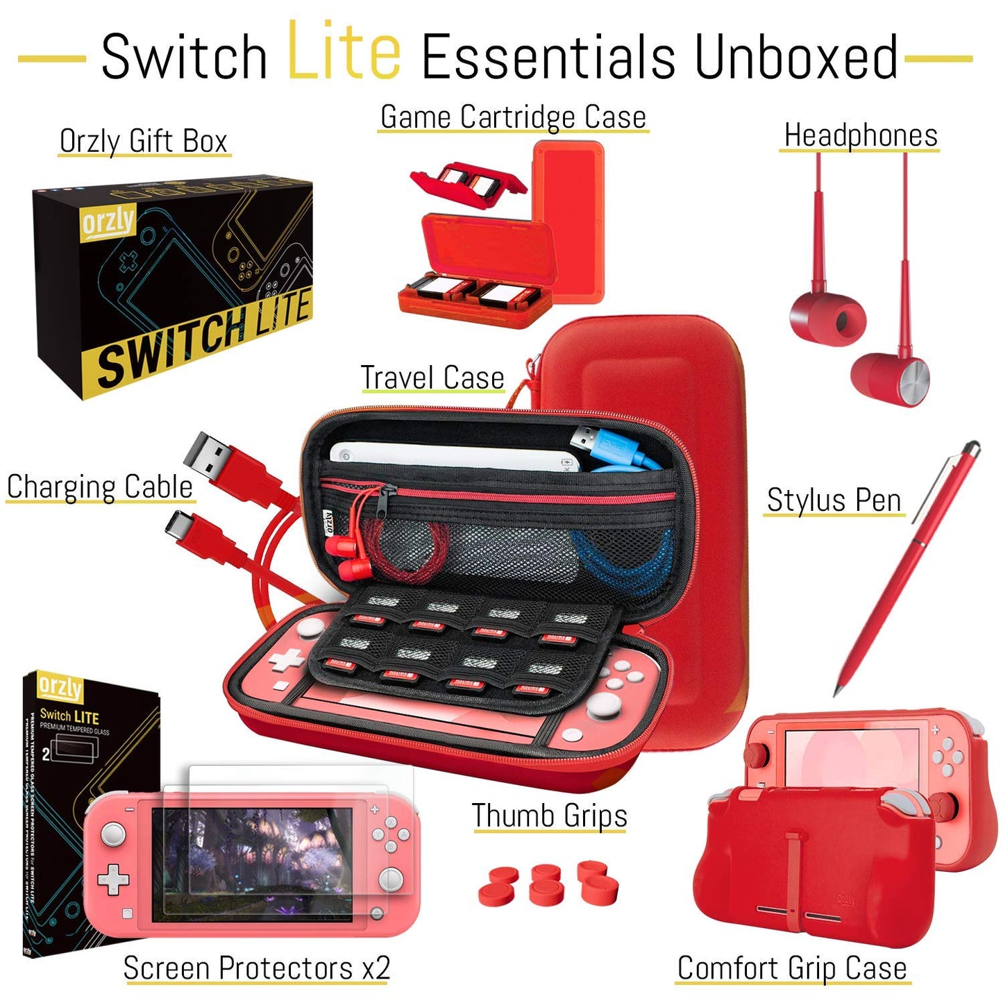 Orzly Switch Lite Accessories Bundle - Red Case, Screen Protector, USB Cable, Games Holder, Comfort Grip, Headphones - Model ORZACCPACK2NSWLITERED