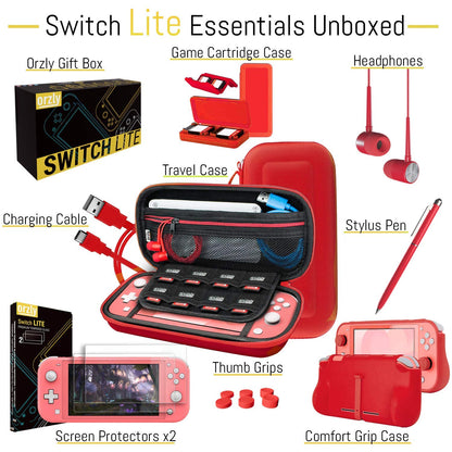 Orzly Switch Lite Accessories Bundle - Red Case, Screen Protector, USB Cable, Games Holder, Comfort Grip, Headphones - Model ORZACCPACK2NSWLITERED
