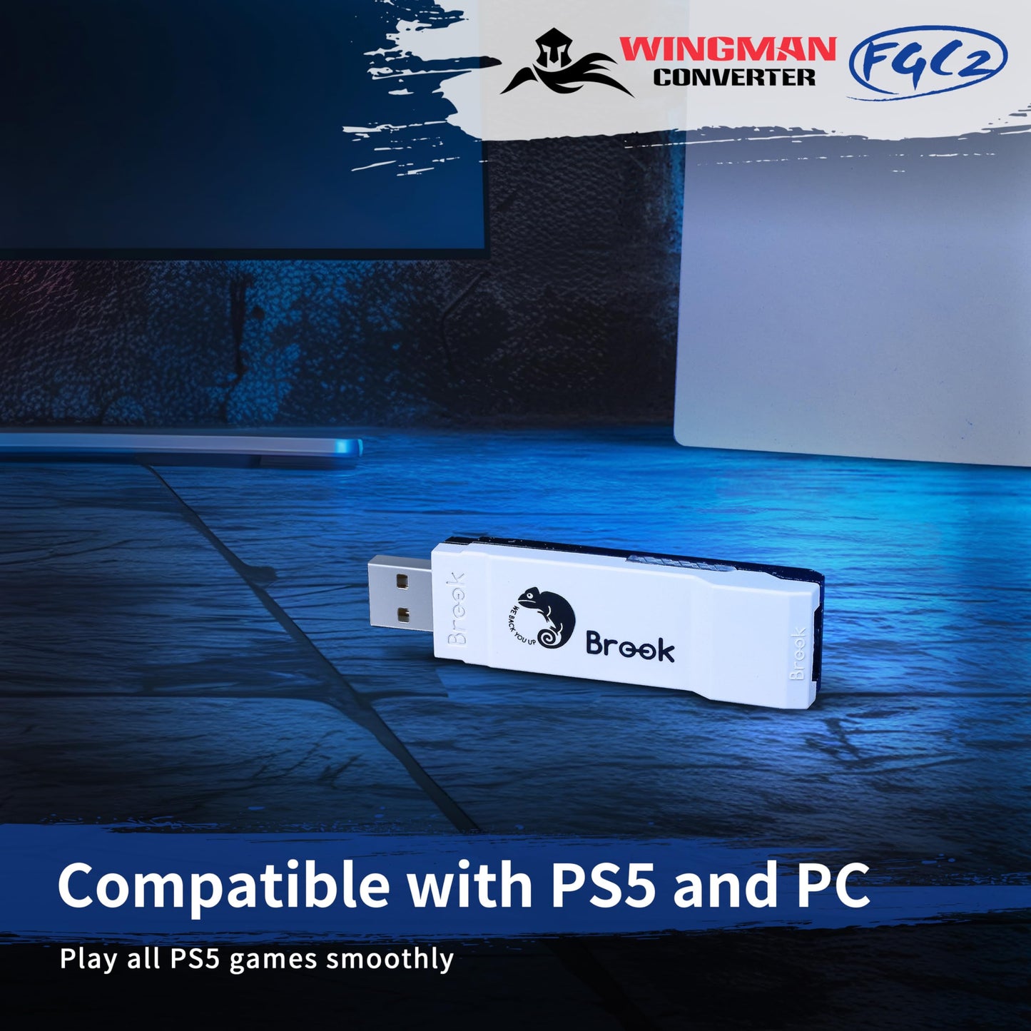 Brook FGC2 Converter - Arcade Joystick Adapter for PS5 & PC, Black & White, Supports All PS5 Games