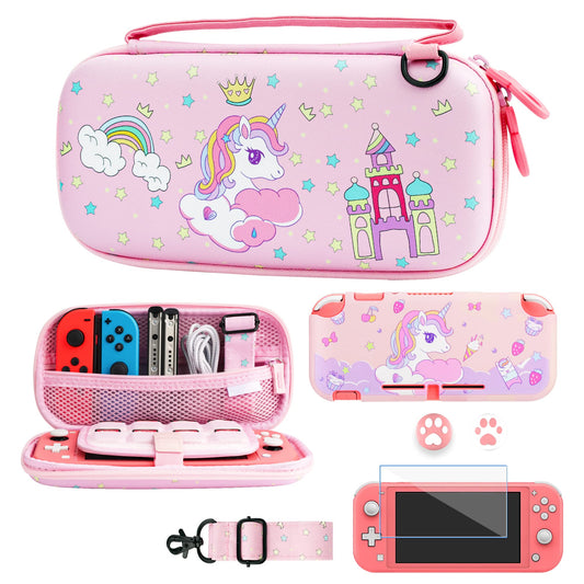 GLDRAM Pink Carrying Case for Nintendo Switch Lite  Cute Girly Accessories Kit for Unicorn with Portable Travel Storage Bag  Soft TPU Protective Cover  Screen Protector  Thumb Grips & Shoulder Strap