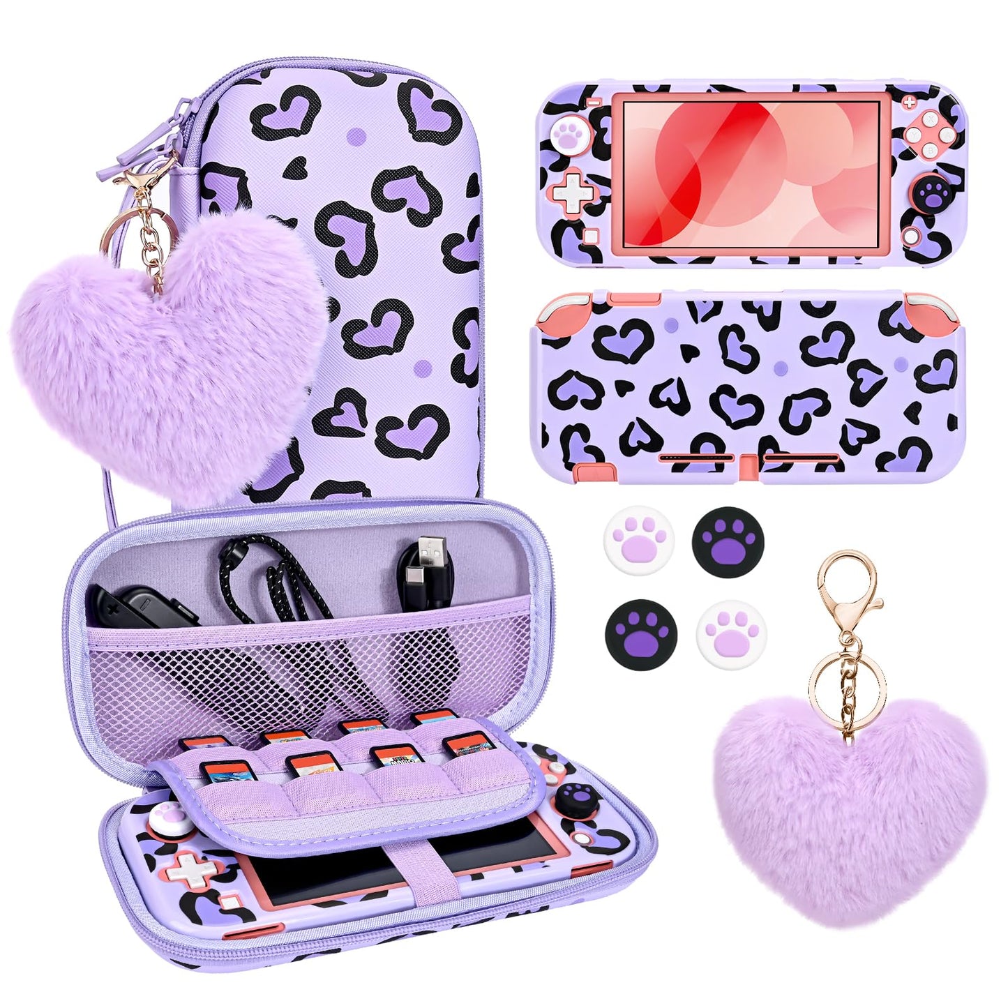 DLseego Love Leopard Carrying Case for Switch Lite 2019 Accessories Set  Portable Carrying Case with 1 Hard PC Shell & 8 Slots & 1PCS Plush Heart Pendant & 4PCS Cat Paw Thumb Grips Caps- Purple