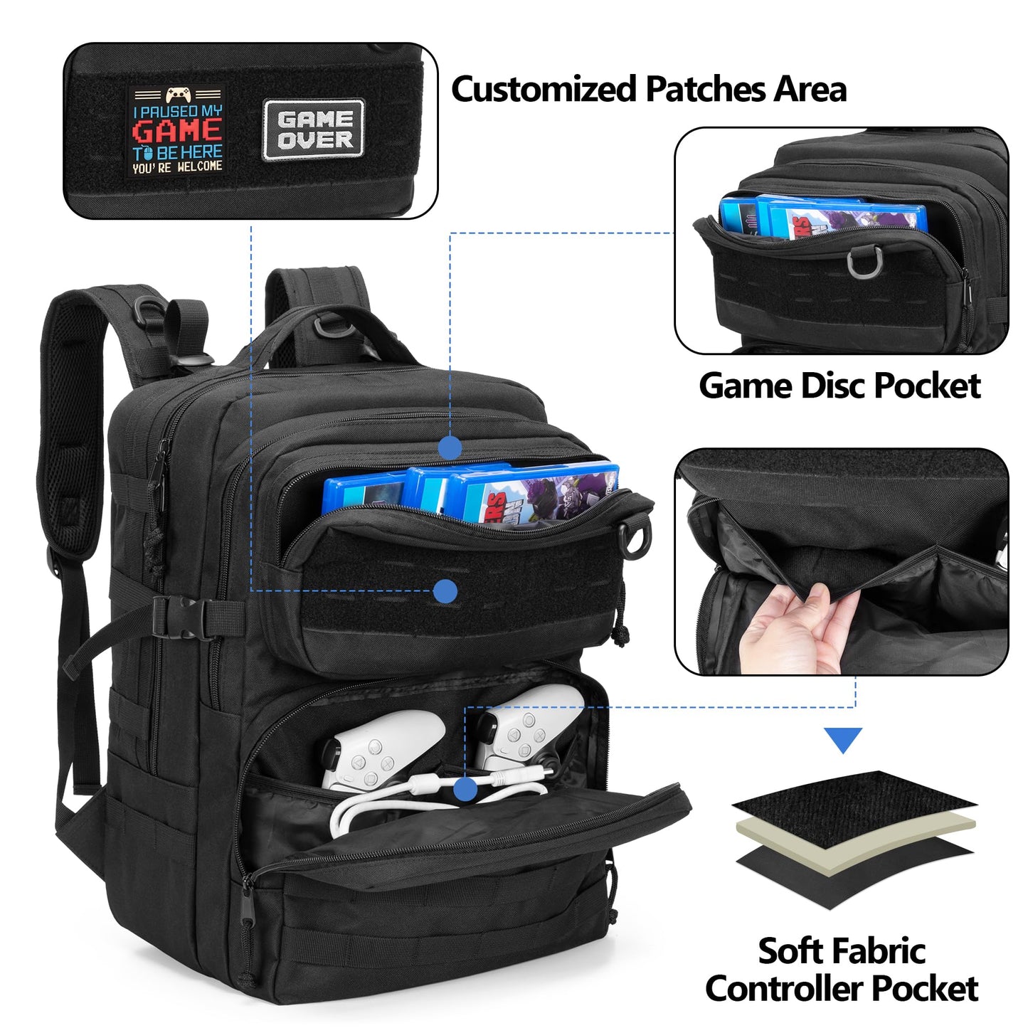 PGmoon Tactical Game Backpack for PS5/PS4 - 17.72" Black Carrying Case for Laptop & Accessories - Model CAPG00201