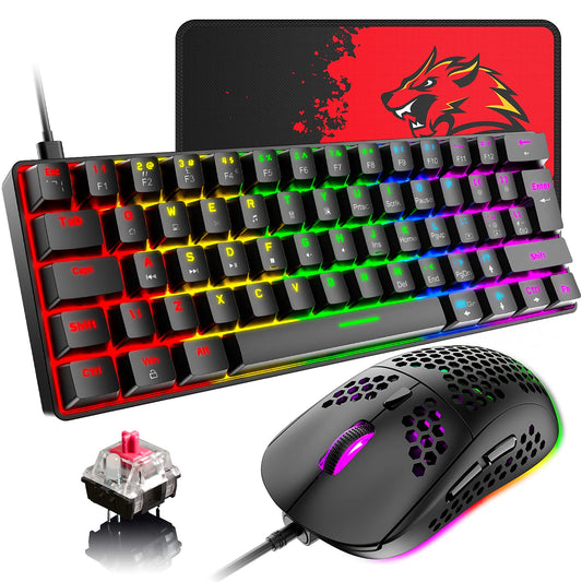 60% Wired Mechanical Gaming Keyboard and Mouse Combo Ultra-Compact Mini 62 Keys Type C Chroma 20 Rainbow Backlit Effects RGB Backlit 6400 DPI Lightweight Gaming Mouse with Honeycomb Shell for PC/Mac