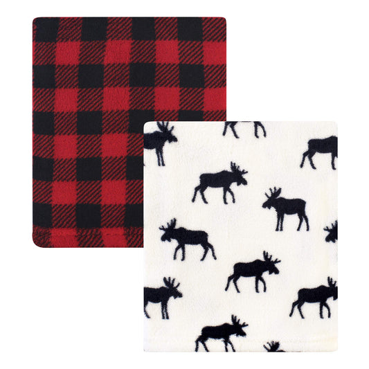 Hudson Baby Silky Plush Coral Fleece Blanket, 30x36 Inch, Buffalo Plaid Moose, Model 56369