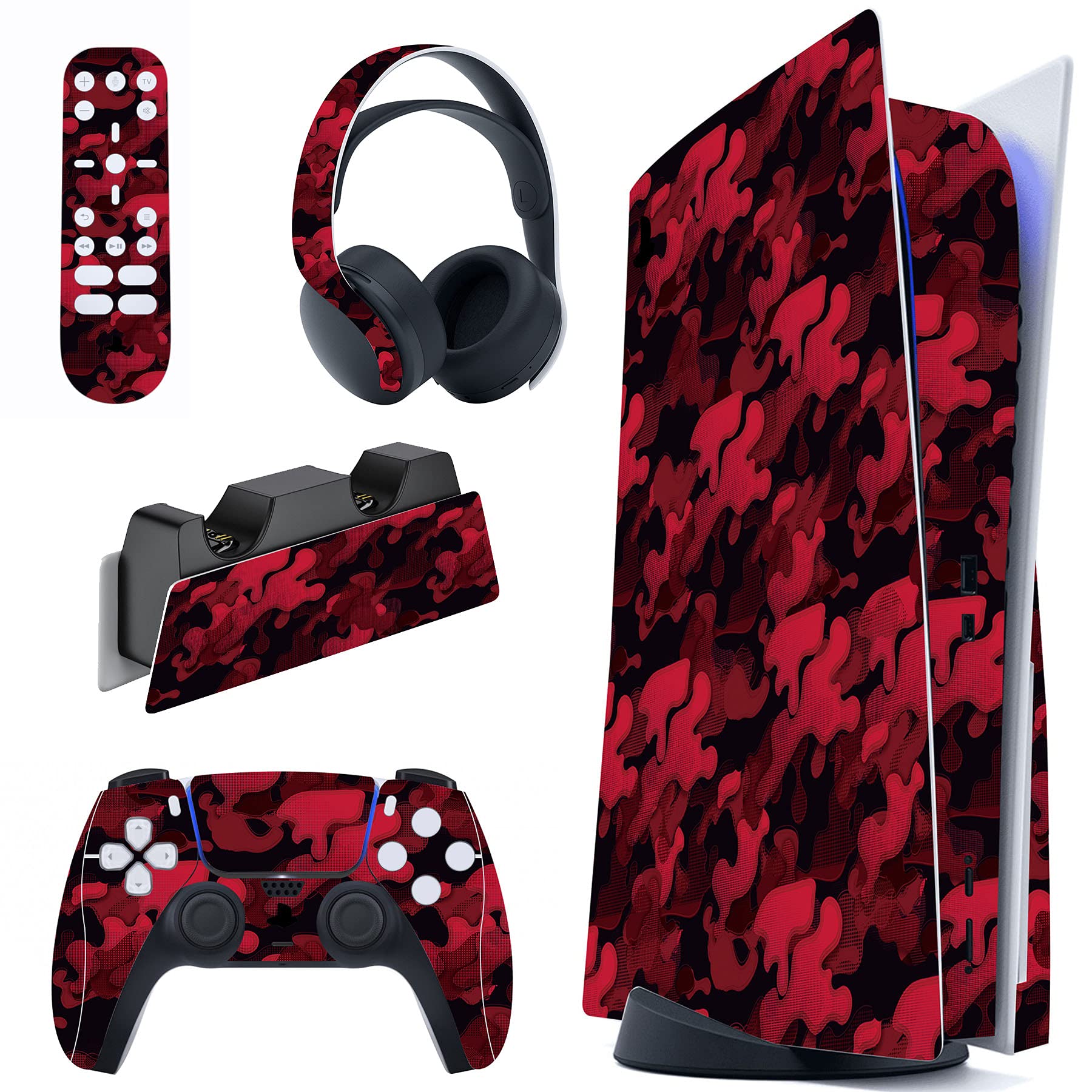 PlayVital Black Red Camouflage Full Set Skin Decal for PS5 Console Disc Edition  Sticker Vinyl Decal Cover for PS5 Controller & Charging Station & Headset & Media Remote