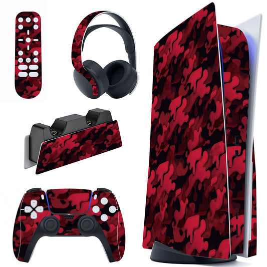 PlayVital Black Red Camouflage Full Set Skin Decal for PS5 Console Disc Edition  Sticker Vinyl Decal Cover for PS5 Controller & Charging Station & Headset & Media Remote