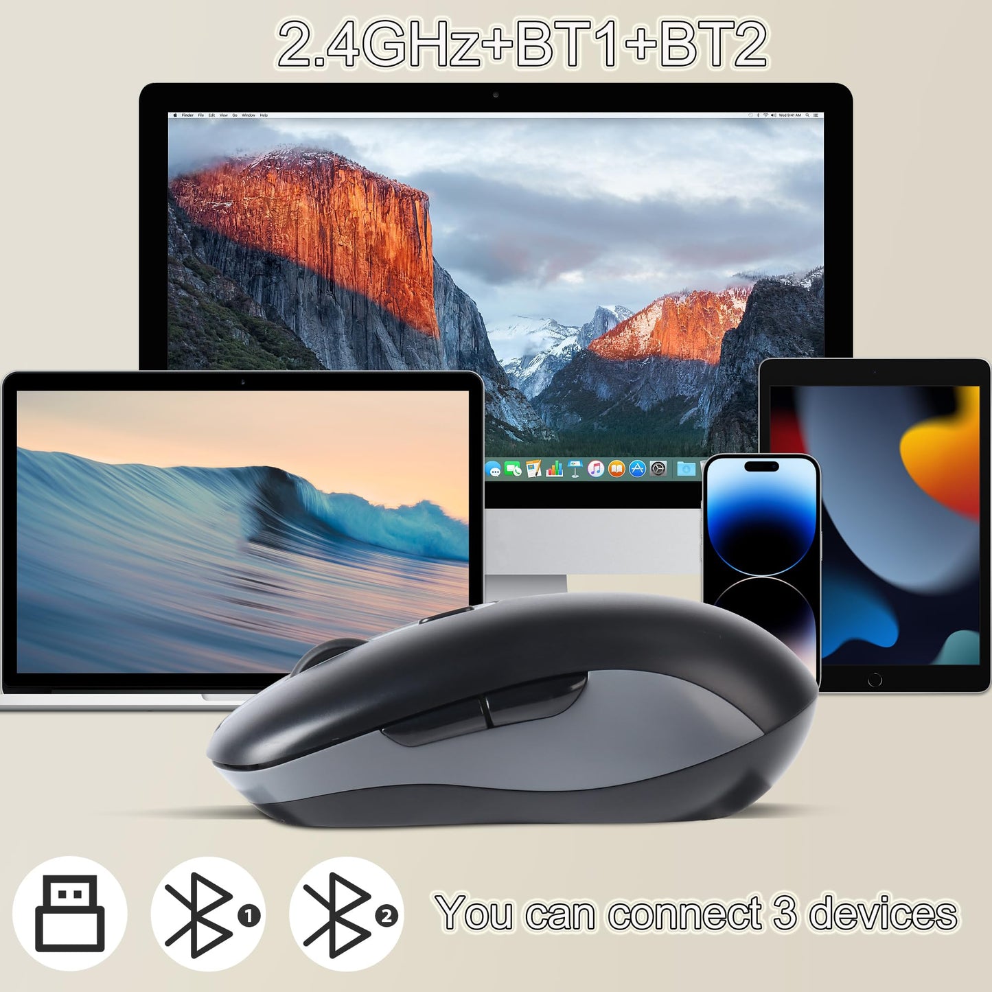 elec Space Wireless Mouse - Dual Mode, Type-C Rechargeable, 2.4G, DPI 800-1200-1600, Connects 3 Devices, Black
