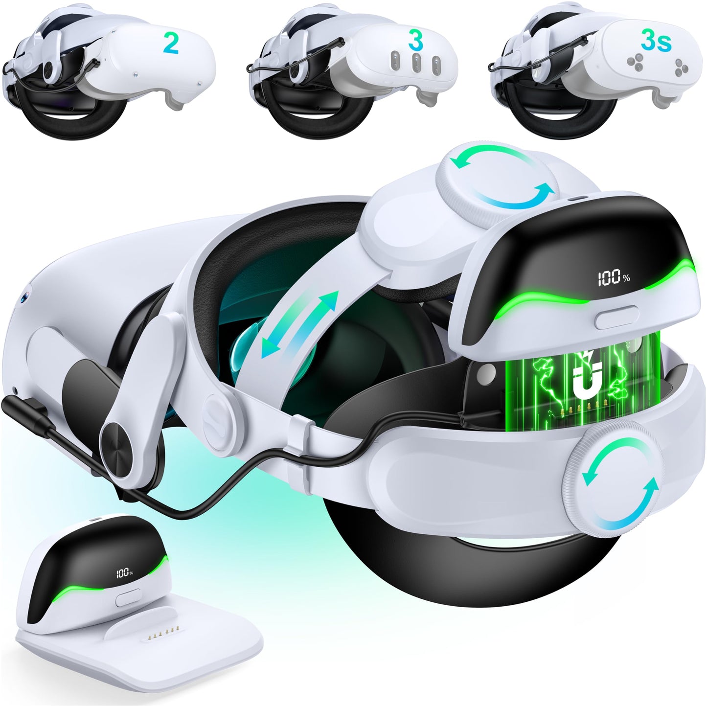 DXKK for Oculus Quest 2 Head Strap with Battery Pack - Magnetic & Extended 6H & Digital Display  Double Dials  Quick-Switch Reality Mode  Comfort VR Headset Strap for Meta Quest 3/3s