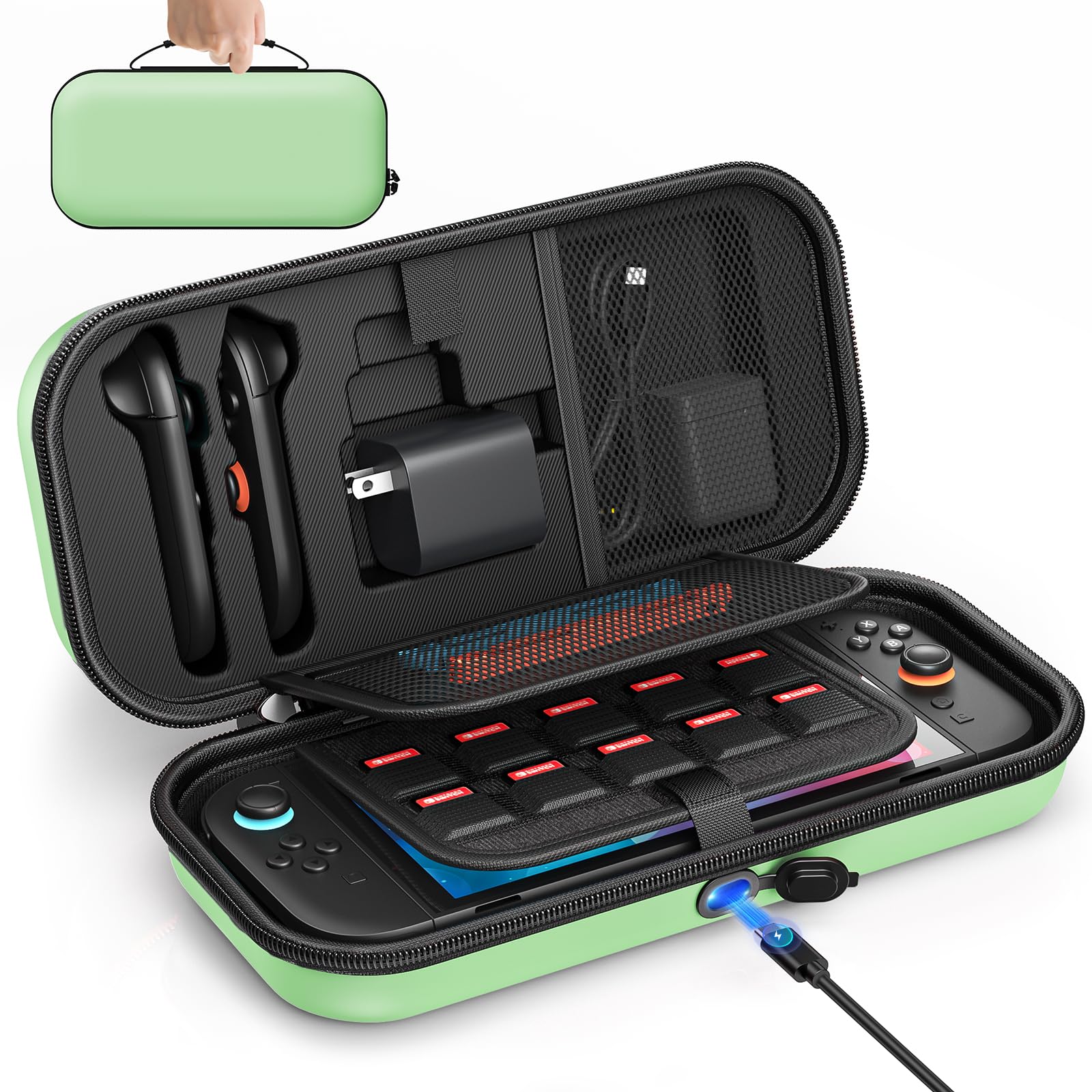 [Charge inside] Carrying Case for Nintendo Switch 2 2025 / Switch OLED / Switch with Adapter and Joy-Con Storage  Travel Case for Switch 2 Console with 22 Game Card Storage (Green)