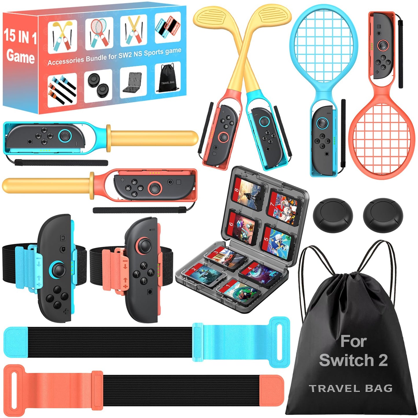 For 2025 Nintendo Switch 2 Sports Accessories 15 in 1 Bundle  Designed for Switch Sports Games  Mario Golf Super Rush  Mario Tennis Ace  Just Dance  Ring Fit Adventure - Family Party Game Kit  Christmas Accessory  Joy-Con 2 Compatible