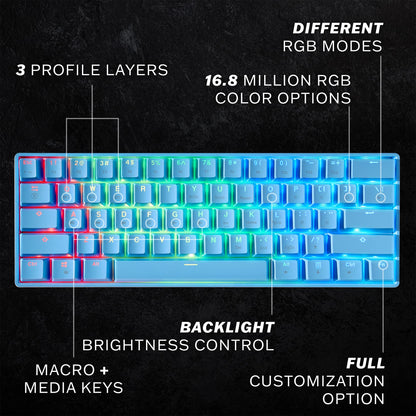 HK Gaming GK61 60% Mechanical Keyboard | Gateron Optical Yellow Switches | RGB Backlit | Blue