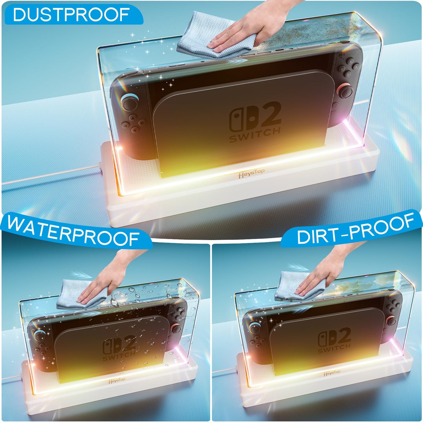 HEYSTOP Switch 1/2 Dust Cover with 16 LED Colors, RGB Light Base, Model GASB9001P, Waterproof Acrylic Display Case