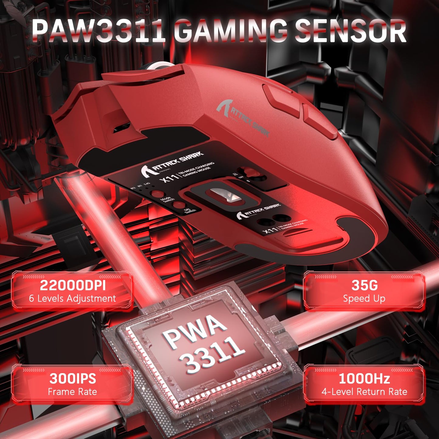 MAGIC-REFINER Wireless Gaming Mouse, 22000 DPI, 5 Programmable Buttons, Superlight Design, Magnetic RGB Dock, Red