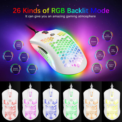 ZIYOU LANG M5 RGB Wired Gaming Mouse, 12000 DPI, 6 Buttons, 65G Honeycomb, Ultralight Cable, White