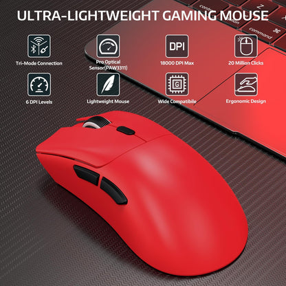 ATTACK SHARK R1 Wireless Gaming Mouse - Tri-Mode (2.4G/Wired/BT5.2), 18K DPI, 55g Lightweight, Ergonomic, Red