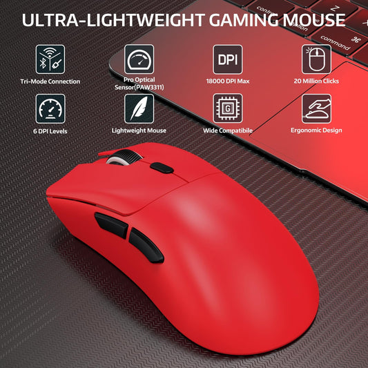 ATTACK SHARK R1 Wireless Gaming Mouse - Tri-Mode (2.4G/Wired/BT5.2), 18K DPI, 55g Lightweight, Ergonomic, Red