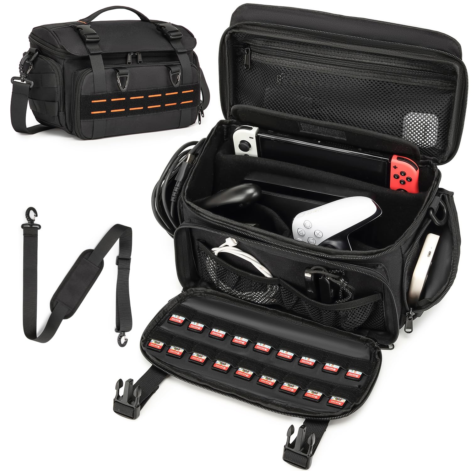 BISKLNDN Switch Carrying Case for Switch/ Switch 2  Portable Sling Tactical Travel Gaming Bag with 18 Game Card Slots  Holds Dock  Charger  Controller & Accessories