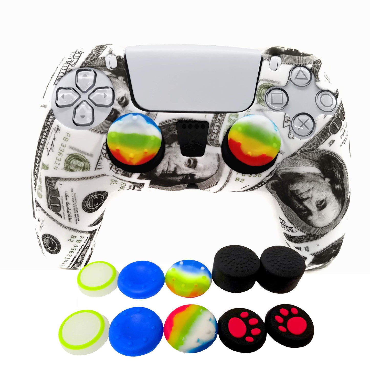 Skin for PS5 Controller Grips, Silicone Case Cover for PlayStation 5 Anti-Slip Protector with 10pcs Thumb Joysticks Caps (doller