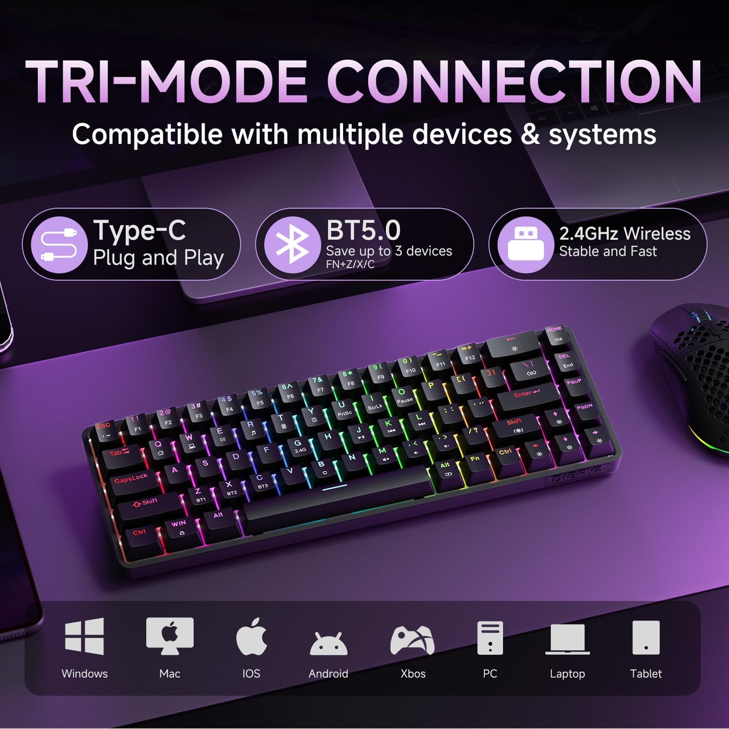 DIERYA DK68 60% Wireless Mechanical Gaming Keyboard, Quiet Red Switch, RGB Backlit, Black