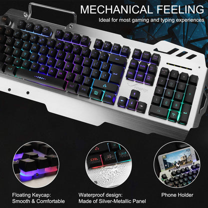 FENIFOX Gaming Keyboard and Mouse Set, Full Size Wired RGB Mechanical, Aluminum Alloy, Rainbow Color, Model GK001FGVJK