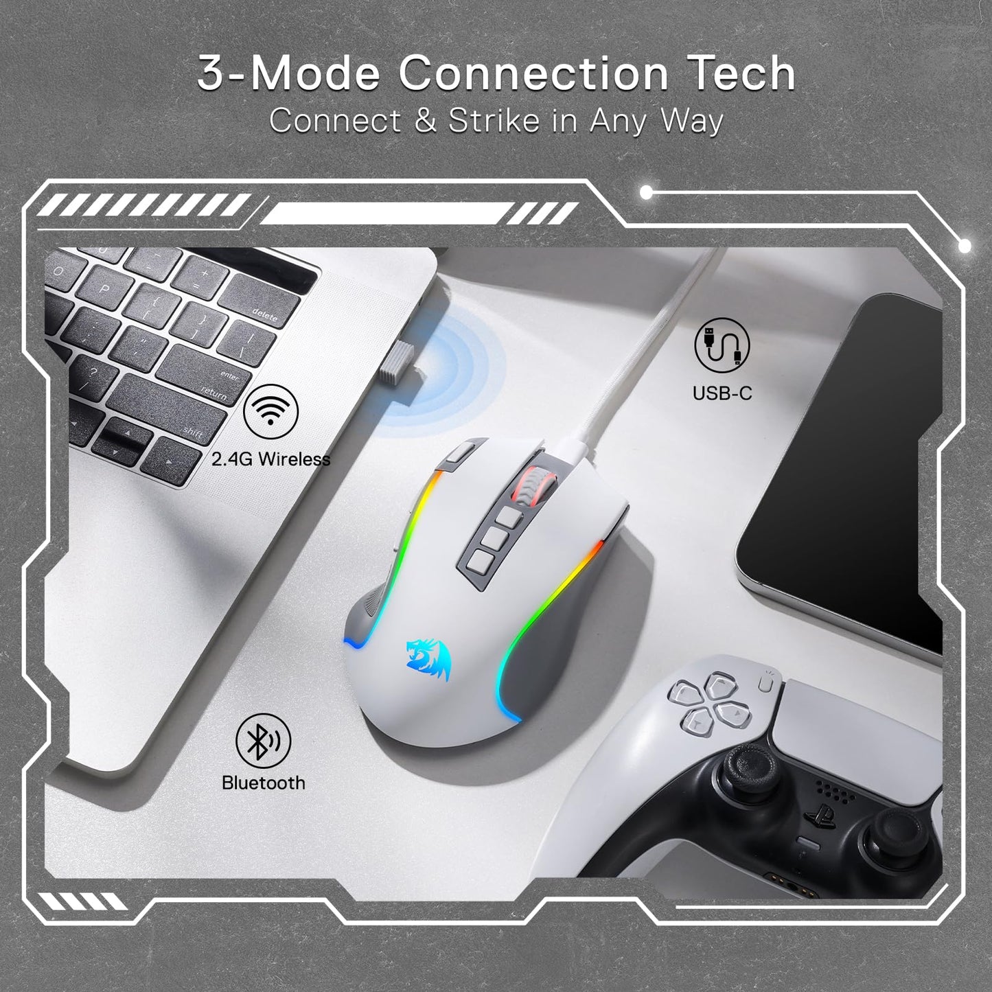 Redragon M612 PRO RGB Gaming Mouse - 8000 DPI, Wired/Wireless, 9 Programmable Buttons, 7 Backlit Modes, Gray