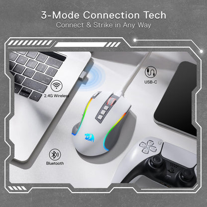 Redragon M612 PRO RGB Gaming Mouse - 8000 DPI, Wired/Wireless, 9 Programmable Buttons, 7 Backlit Modes, Gray