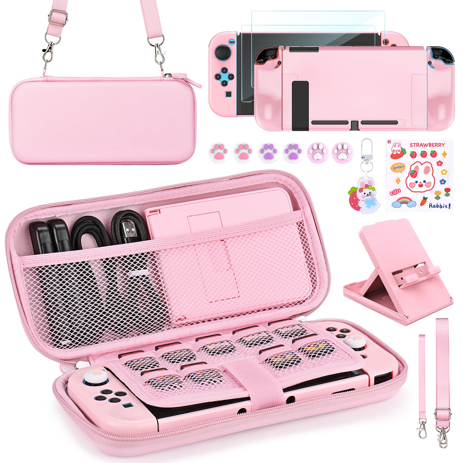 Younik Switch Accessories Bundle  17 in 1 Pink Switch Accessories Kit for Girls Include Switch Carrying Case  Adjustable Stand  Protective Case for Switch Console & J-Con Pink