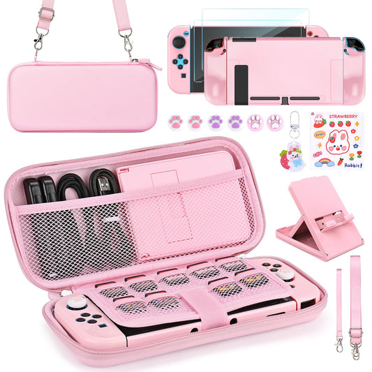 Younik Switch Accessories Bundle  17 in 1 Pink Switch Accessories Kit for Girls Include Switch Carrying Case  Adjustable Stand  Protective Case for Switch Console & J-Con Pink