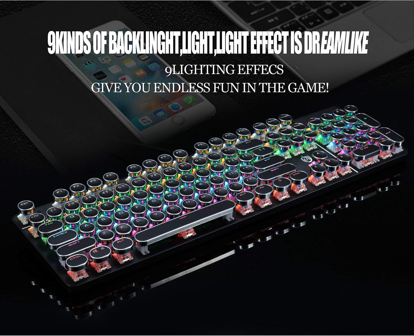 YSCP Mechanical Gaming Keyboard - Typewriter Style, LED Rainbow Backlit, Blue Switch, Retro Round Keycaps, One Size, Black