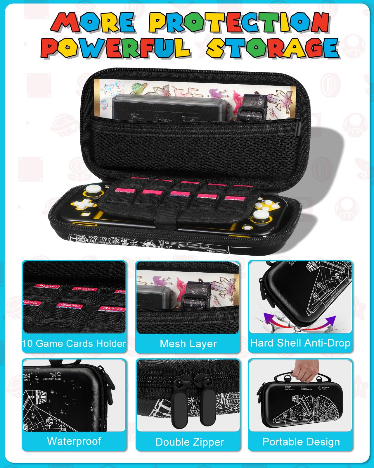 Gurgitat 7-in-1 Cool Ship Case for Nintendo Switch Lite - Black Star Warfare, Dockable, Includes Thumb Grips, Game Holder, Shoulder Strap