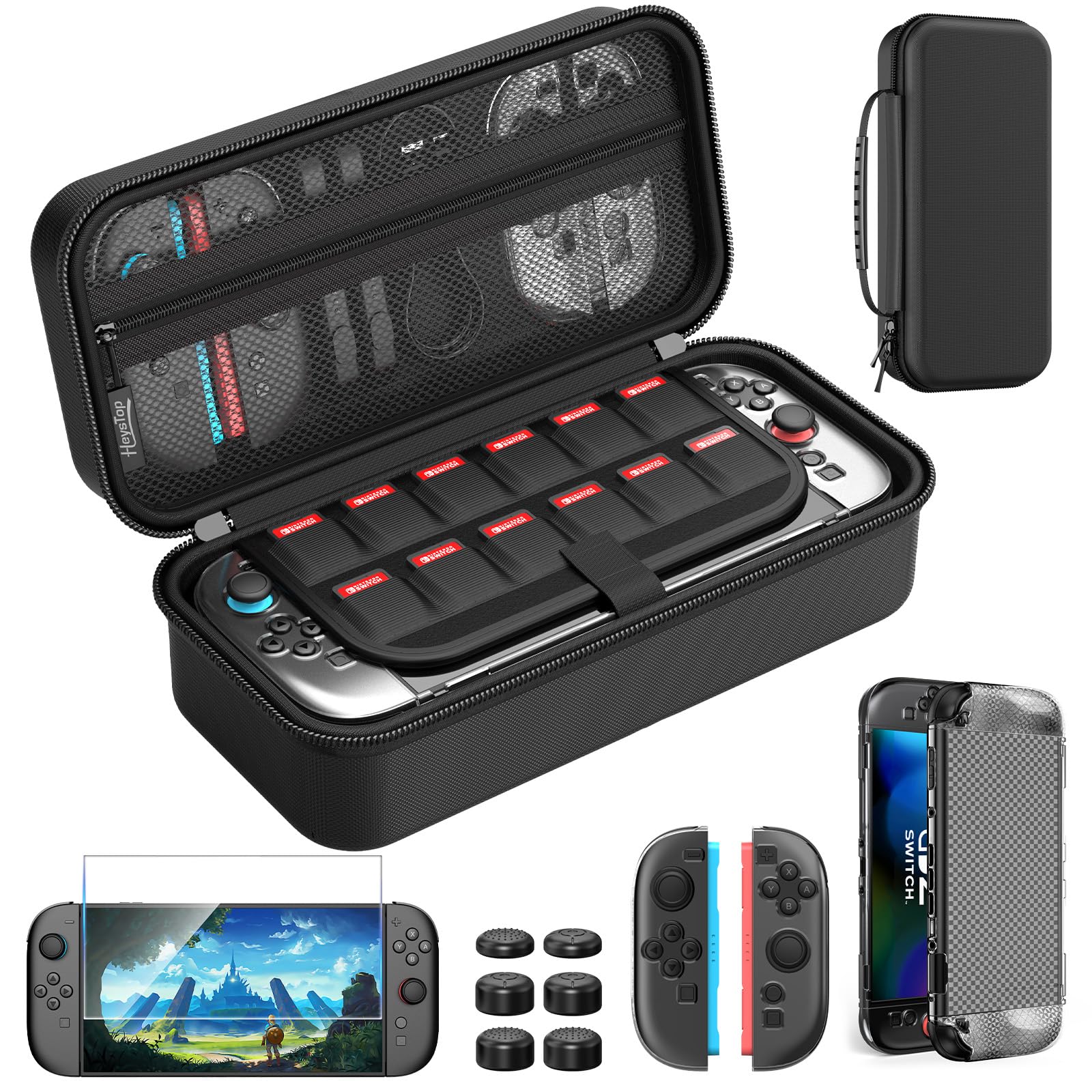 HEYSTOP Carrying Case for Nintendo Switch 2 Portable Travel Case for Nintendo Switch 2 Accessories with Screen Protector*1 Protective Cover*1 Thumb Caps*6 Large Space with 12 Game Card Slot Hard Shell