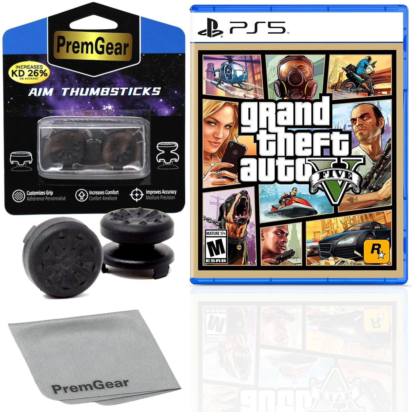 Grand Theft Auto V for PlayStation 5 (US Version)  with PremGear ThumbSticks (2 pack: 1 High-Rise  1 Mid-Rise) & Cleaning Cloth