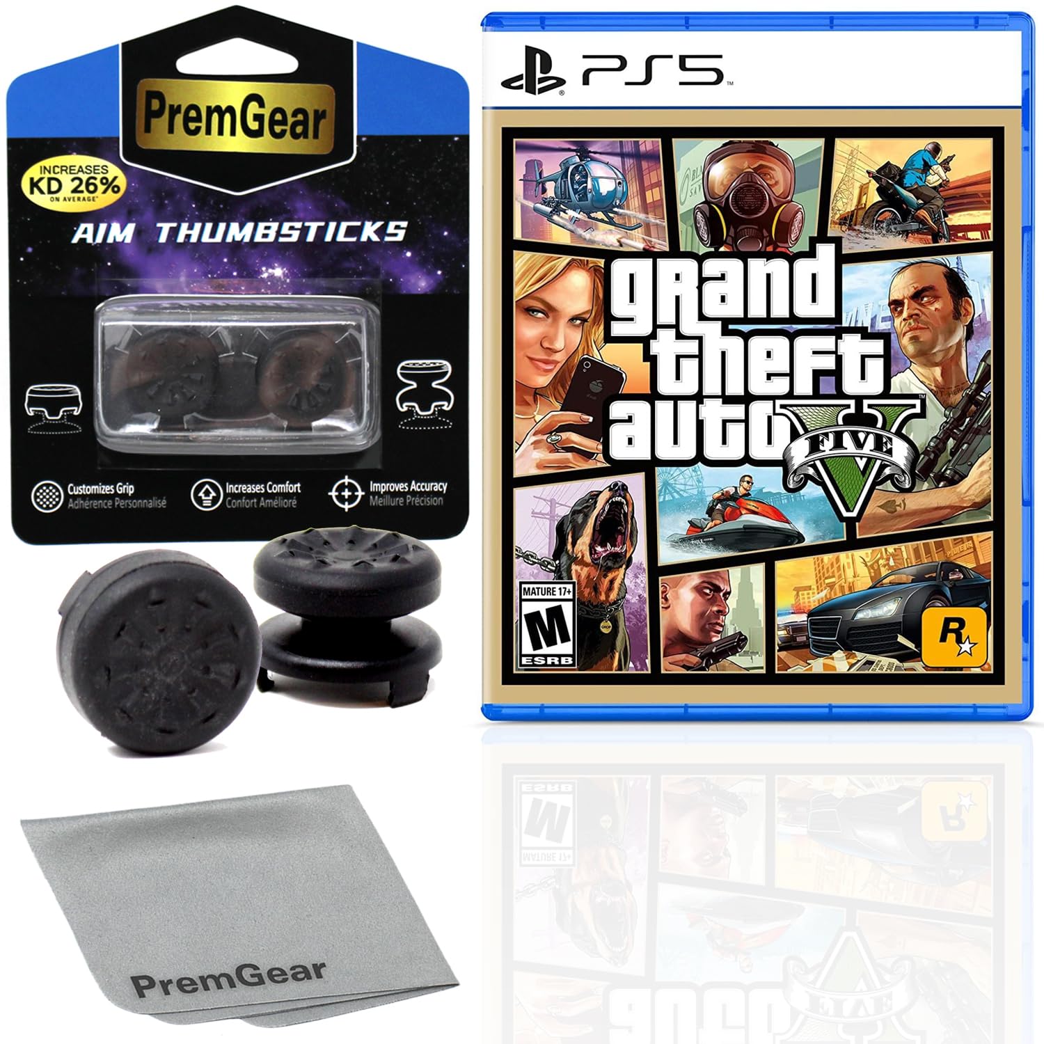 Grand Theft Auto V for PlayStation 5 (US Version)  with PremGear ThumbSticks (2 pack: 1 High-Rise  1 Mid-Rise) & Cleaning Cloth