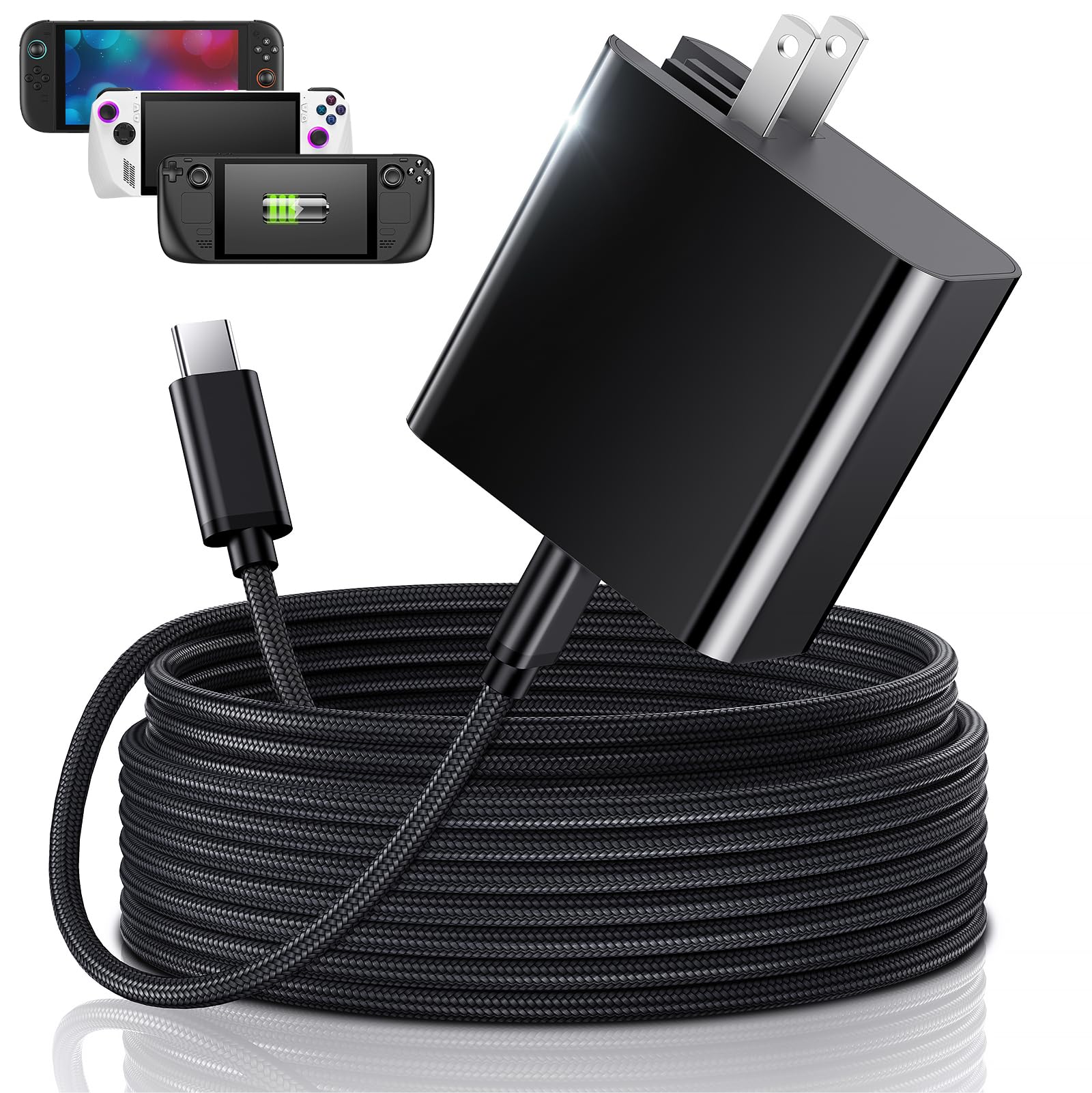 65W USB C Fast Charger for Steam Deck  Nintendo Switch 2 & ROG Ally - MENEEA PD3.0 Foldable AC Adapter with 10FT Cable for TV Dock/Switch 2 Charger - Consoles for PlayStation Systems