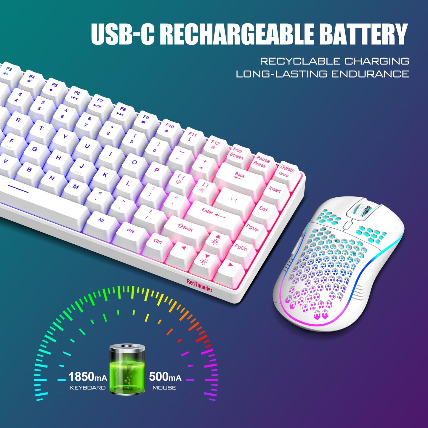 RedThunder K84 Wireless Keyboard & Mouse Combo, 75% TKL, Rainbow Backlit, Rechargeable, White
