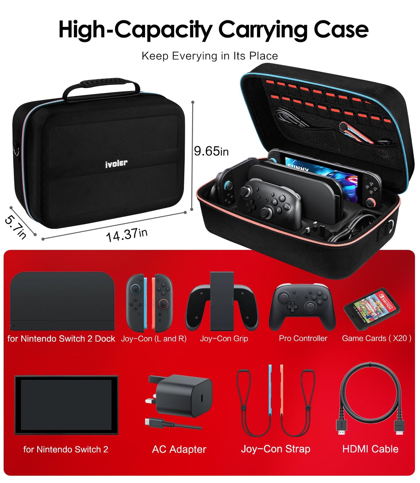 ivoler Nintendo Switch 2 All-in-One Carrying Case - Portable Hard Messenger Bag, Soft Lining, Holds 20 Games, Black