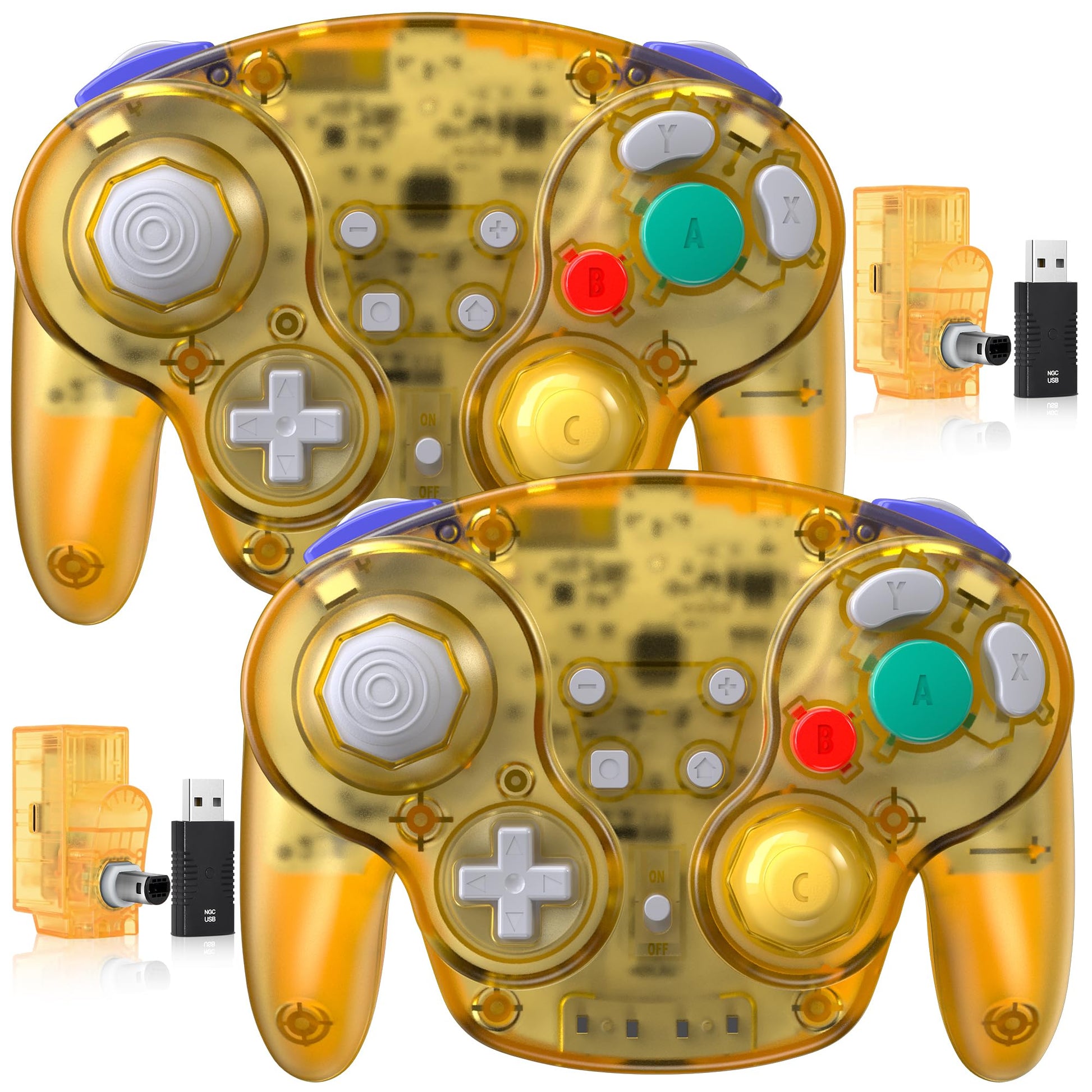 2 Pack 2.4 GHz Wireless GameCube Switch2 Pro Controller  for NGC GameCube Console  Switch/Switch OLED/ Switch2  PC  Steam Deck  PC (Built-in Rumble) (Rechargeable) (Plug and Play) Clear Yellow