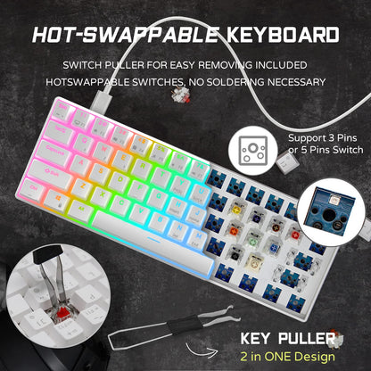 RK ROYAL KLUDGE RK61 60% Mechanical Gaming Keyboard, RGB Backlit, Hot-Swappable Blue Switch, White