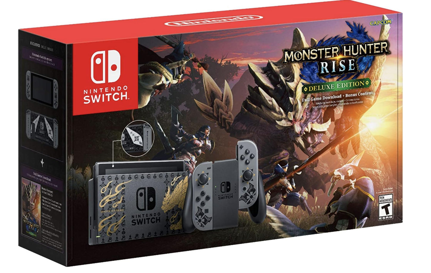 Nintendo Switch Monster Hunter Rise Deluxe Edition 32GB Console, Gray Joy-Con, 6.2 Display, WiFi, Bluetooth, 12-in-1 Case