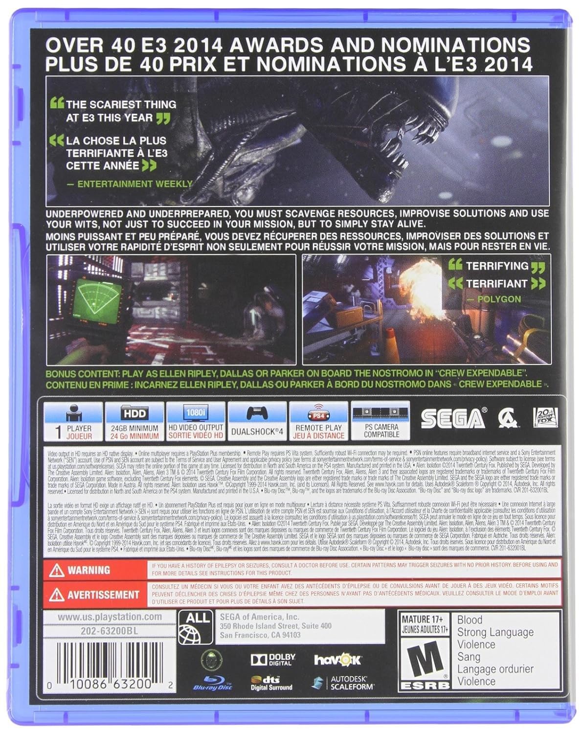 PS4 Alien: Isolation Video Game - Model 87312 for PlayStation 4