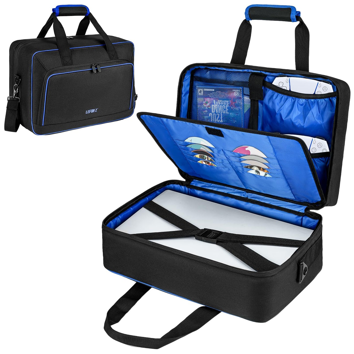 LEFOR·Z PS5 Carrying Case - 17 Pockets Travel Storage Bag, Thick Padding, Black/Blue