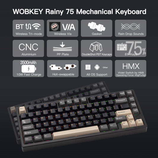 KEEBMONKEY WOBKEY 75% Mechanical Keyboard - Triple-Mode, RGB, Violet Switch, Black, Standard - Black V2