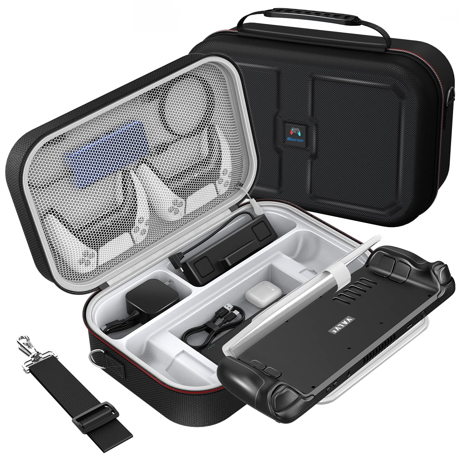 Mooroer Steam Deck Case  2024 Upgrade Steam Deck Carrying Case  Large Capacity Storage  Built-in AC Adapter Charger Storage  Black